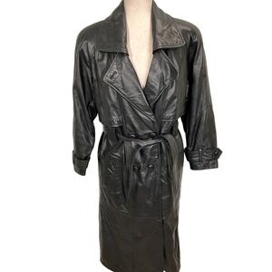 Pelle Studio Trench Leather Womens PSmall Black Belt Classic Double Breasted VTG